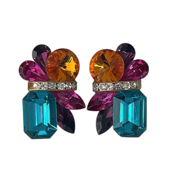 Multi Color Bejeweled Jewel Tone Faux Gem 1980s Statement Clip On Earrings - Picture 1 of 3